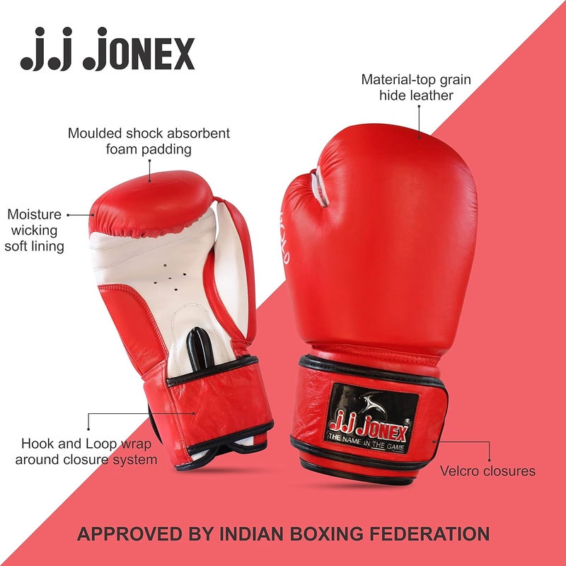Jonex JJ Jonex Boxing Gloves - High Quality Leather Fight Gloves (16oz, Red) - Image 2